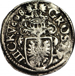 R-, Slezsko, knížectví těšínské, Adam Waclaw, 3 krajcary 1608, velká hlava, Cieszyn, bez okraje na zadní straně
