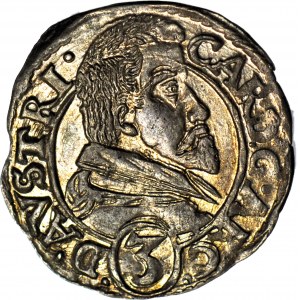 R-, Slezsko, Karel Rakouský, 3 krajcary 1615, Nysa, vzácný portrét, mincovna