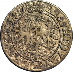 R-, Silésie, Ferdinand II, 3 krajcars 1627 (HR), crochets larges, Wroclaw, rare