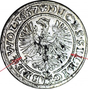 RR-, Sliezsko, Traja bratia, 3 krajcary 1657, Brzeg, bez E-W, razené