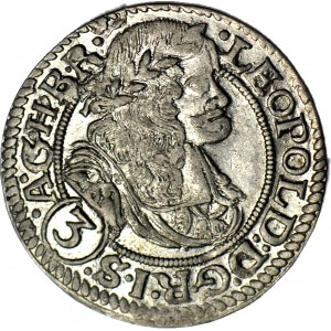 Slesia, Leopoldo I, 3 krajcars 1669, A(SHS)D, SI, Wrocław, con fascia, bella