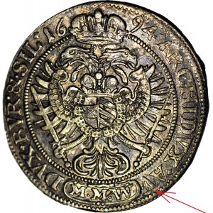 RR-, Schlesien, Leopold I, 15 krajcars 1694, MMW, Breslau, Spitze &amp;B.R:, kleine Büste, schön und selten