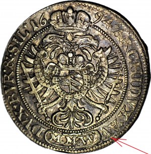 RR-, Slesia, Leopoldo I, 15 krajcars 1694, MMW, Wrocław, tip &B.R:, busto piccolo, bello e raro