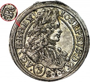 R-, Śląsk, Józef I, 3 krajcary 1711 CB, Brzeg, OEX przebite na REX, rzadki, menniczy