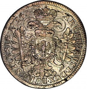 Slesia, Carlo VI, 15 krajcars 1734, Wrocław, rara e bella