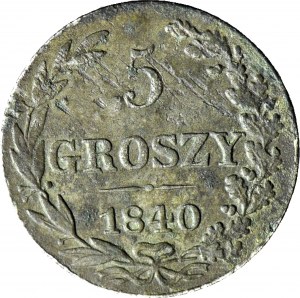 R-, Regno di Polonia, 5 penny 1840, 5 in data alta, inclinata a destra,