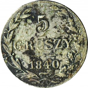 Poľské kráľovstvo, 5 grošov 1840, 5 na rovnom dátume, nízke