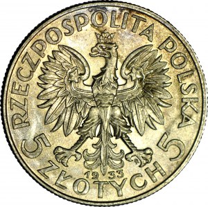 5 oro 1933, Testa, coniato