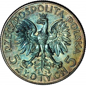 5 zlatých 1933, hlava, razené