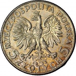 5 oro 1933, testa, coniato
