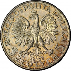 5 oro 1933, testa, coniato