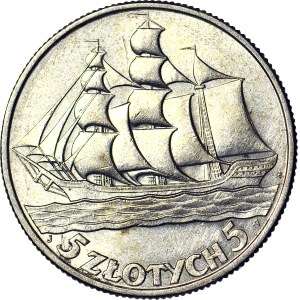 5 oro 1936 Nave a vela, zecca