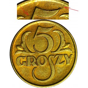 RR-, 5 grošov 1923 mosadz, mincovňa, STEMPLATE BREAKING