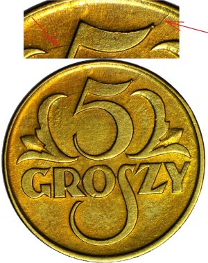 RR-, 5 pennies 1923 brass, mint, STEMPLATE BREAKING