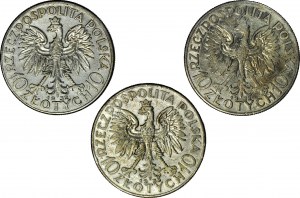 10 złotych 1932-33, Głowa, zestaw 3 szt.