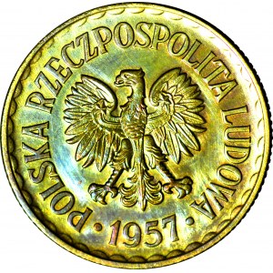 RR-, 1 złoty 1957 PRÓBA najrzadszej złotówki, MOSIĄDZ, nakład 100 szt., napis PRÓBA u dołu