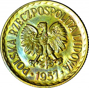 RR-, 1 zl. 1957 PRÓBA najrzadszy złotówki, mosadz, náklad 100 ks, nápis PRÓBA v spodnej časti