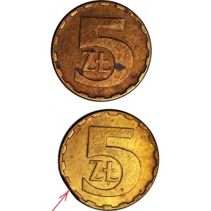 RR-, zestaw 5 złotych 1982 - 1983, DESTRUKTY, błąd wykrawania i końcówka blachy, 2 szt.