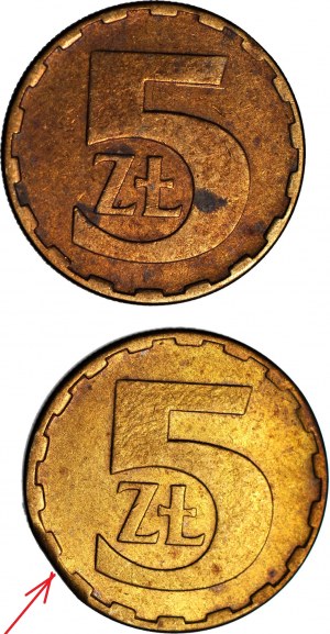 RR-, zestaw 5 złotych 1982 - 1983, DESTRUKTY, błąd wykrawania i końcówka blachy, 2 szt.