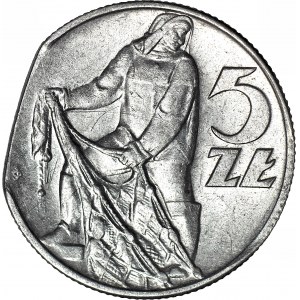 RR-, 5 złotych 1974, Rybak, DESTRUKT, końcówka blachy, menniczy