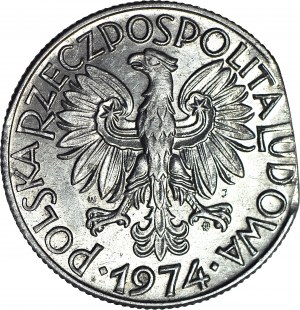 RR-, 5 złotych 1974, Rybak, DESTRUKT, końcówka blachy, menniczy