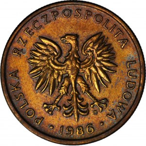 RR-, 5 złotych 1986, DESTRUKT, spora SKRĘTKA 230 stopni