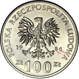 RR-, 100 zloty 1986, Władysław Łokietek, DESTRUKT - DOUBLE DIE + francobollo incrinato, prima volta su onebid