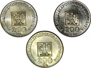 200 Zlato 1974, XXX LET PRL, stříbro, sada 3 kusů.