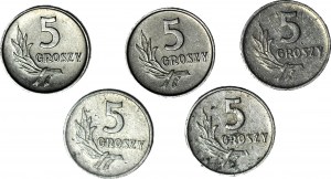 Zestaw 5 sztuk - 5 groszy 1958, 1959, 1961, 1963, 1967