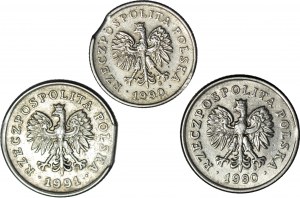 R-, 20 et 50 pennies 1990 et 1991, DESTRUCTS, erreurs de poinçonnage de disque et pointe de feuille, 3 pcs. , rare vintage