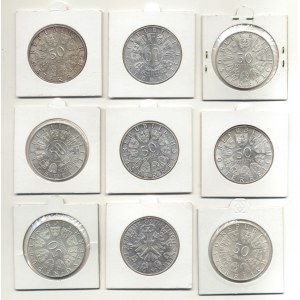 Autriche, 50 shillings 1959-1974, ensemble de 9 pièces.