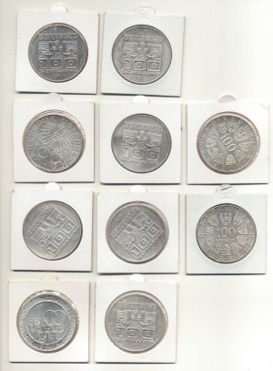 Austria, 100 szylingów 1975-1979, zestaw 10 szt.