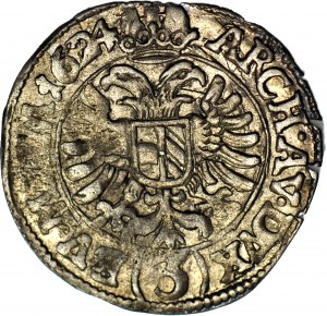 Rakousko, Ferdinand II, 3 krajcary 1624, Praha, orel pod poprsím vzácněji