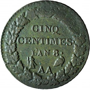Francie, 5 Centimes, L`an 8 - 1799 AA, Metz