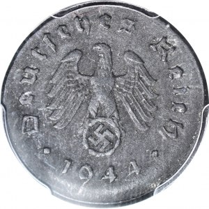 Nemecko, Tretia ríša, 5 feniges 1944 E, Muldenhütten, DESTRUKTÚRA bez BIRD