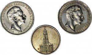 Allemagne, set de 3 marks. 3 marks 1909 et 1908, 5 marks 1935, set de 3 pièces.