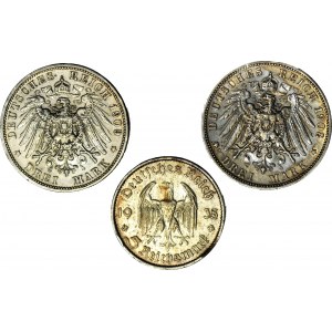 Germania, set di 3 marchi. 3 marchi 1909 e 1908, 5 marchi 1935, set di 3 pezzi.