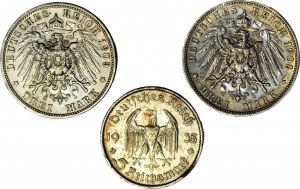 Allemagne, set de 3 marks. 3 marks 1909 et 1908, 5 marks 1935, set de 3 pièces.