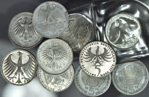 Německo, SRN, stříbro 5 marek, sada 10 kusů.