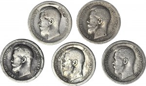 Russie, Nicolas II, 50 kopecks 1897-99, ensemble de 5 pièces.