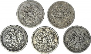 Russia, Nicola II, 50 copechi 1897-99, serie di 5 pezzi.