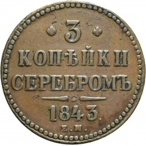 Rusko, Mikuláš I., 3 kopějky stříbro 1843 EM, Jekatěrinburg