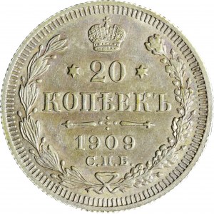 Rusko, Mikuláš II., 20 kopějek 1909 ЭБ, Petrohrad