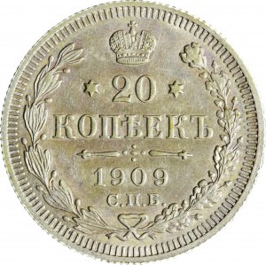 Rusko, Mikuláš II, 20 kopejok 1909 ЭБ, Petrohrad