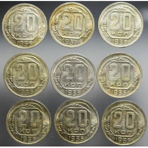 Soviet Russia, Set of nine 20 kopecks coins 1935-1936