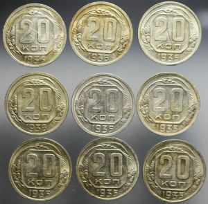 Sovětské Rusko, sada devíti mincí po 20 kopějkách 1935-1936