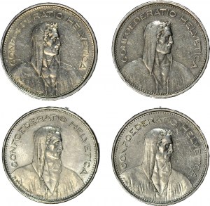 5 piece set, Switzerland, 5 francs 1968-73-81