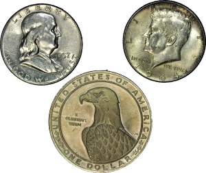 USA, 1 dolár 1983 Olympijské hry a 1/2 dolára 1957-64, sada 3 kusov