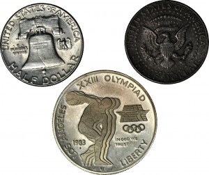 USA, 1 dolar 1983 Olympijské hry a 1/2 dolaru 1957-64, sada 3 kusů