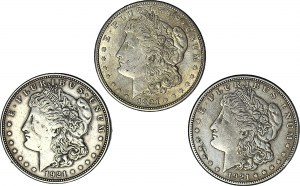 USA, 1 dolár 1921, Philadelphia a San Francisco, typ Morgan, sada 3 kusov.